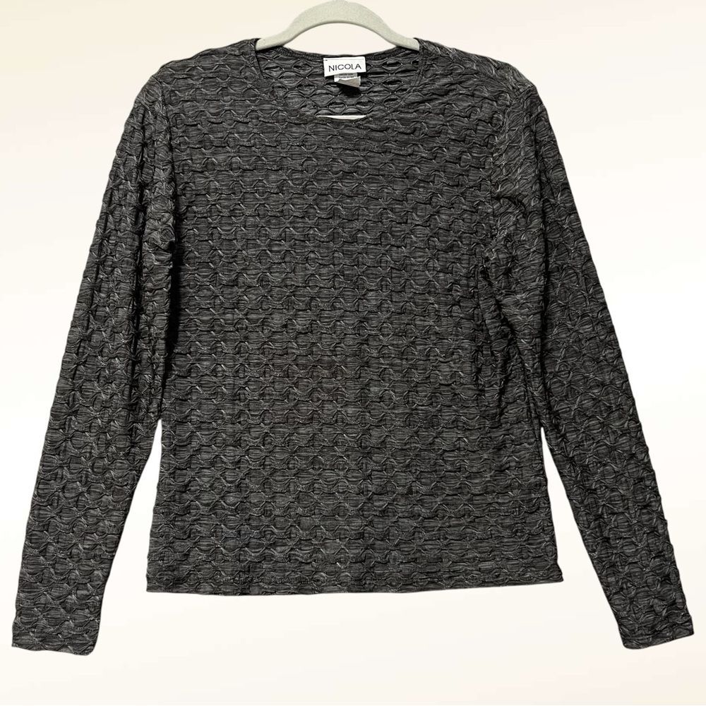 NICOLA Smocked Knit Top NWT Size Large Charcoal Gray Long Sleeve Fitted